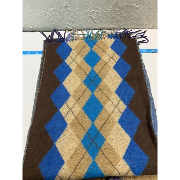 V. Fraas Cashmink 100% Acrylic Scarf Blue Brown Tan Argyle Design - Picture 3 of 3